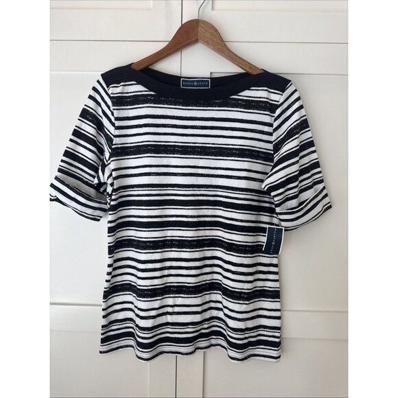 Karen Scott Tops - Karen Scott Women Short Sleeve Top Blouse T-Shirt Classic Black White Boat Neck